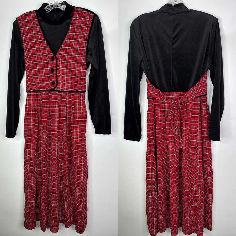 Vintage J.B.S Red Black Velvet Long Sleeve Christmas Dress Size Small